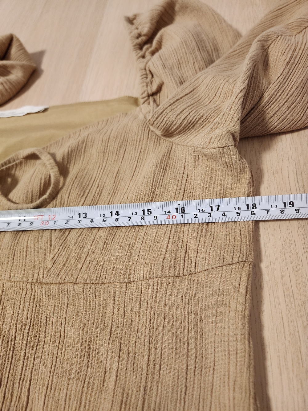 Oak + Fort Beige Babydoll Tie-Front Crop Blouse Puff Sleeve Size L Romantic - Picture 12 of 15